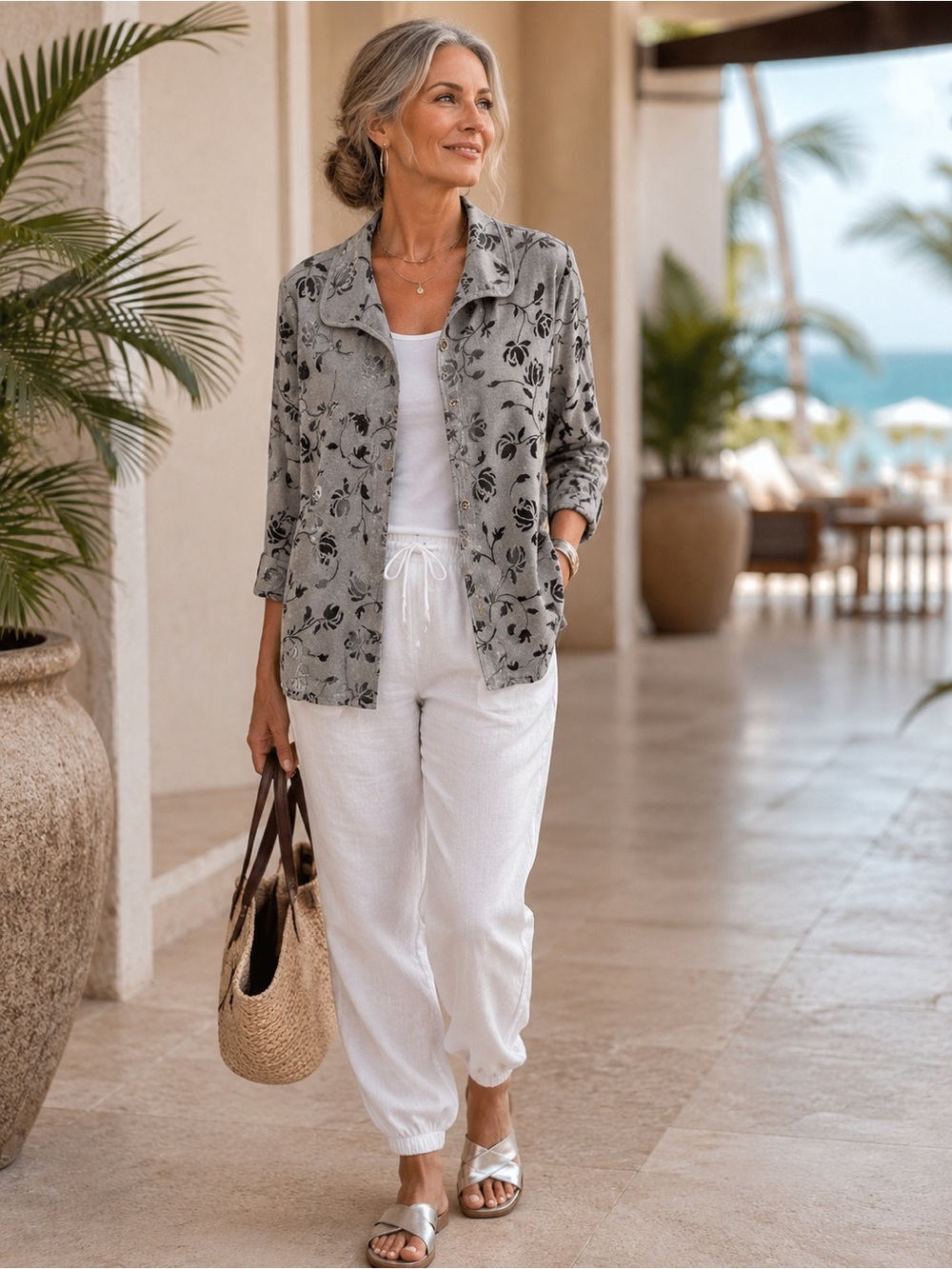 Floral Gray Button-Front Women’s Shirt Jacket